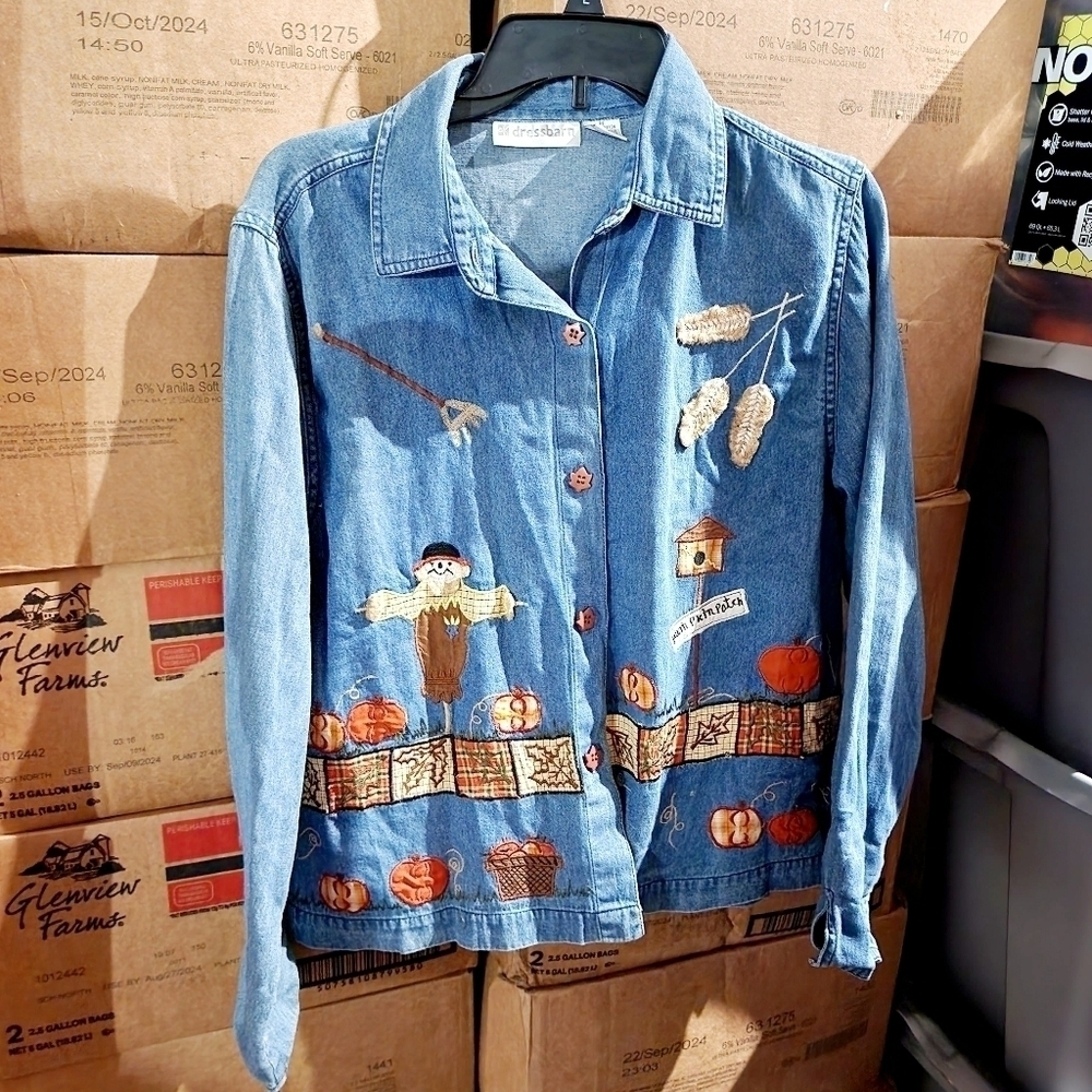 Dressbarn Denim Chambray Chambrey Button Shirt Fall Scarecrow Harvest Women's M